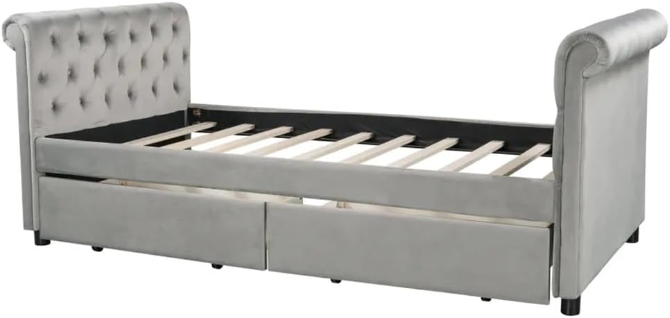 Upholstered Daybed with Drawers, Wood Slat Support, Gray