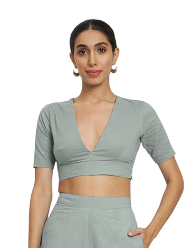 Image of Thevasa Women's Everyday Divine Depth V Neck Half Sleeves Blouse