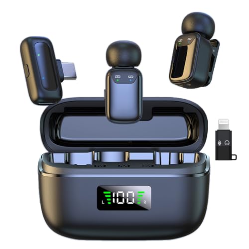 Wireless Lavalier Microphone with LED Display, Lavalier Microphones Clip on Mic With Noise Reduction, for Video Recording, Tiktok, Youtube, Vlog Podcast Content Creator (Dark Black)