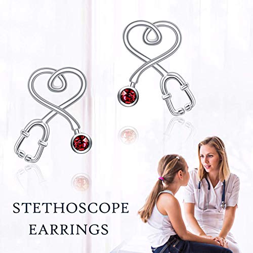 Stethoscope Earrings 925 Sterling Silver Heart Studs Earrings 12 Months Birthstone Crystals from Austria, Graduation Jewelry Gifts for Nurse Doctor RN Medical Student3