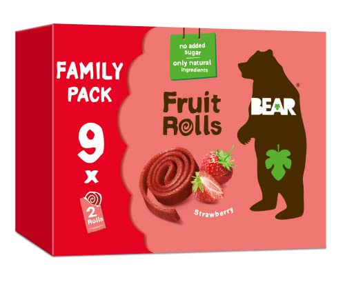 BEAR Fruit Rolls Strawberry - Real Fruit Snacks for Kids - 100% Natural Ingredients - No Added Sugar - Gluten Free - Vegan - Non-GMO - Healthy School Snack & Lunchbox Treat For Kids - 9x20g - 180g