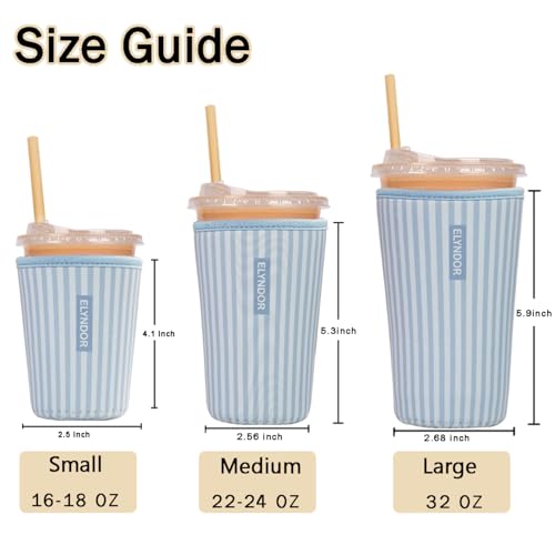 Image of Reusable Insulated Sleeve for Iced Coffee Cup, Coffee Neoprene Sleeve for Cold & Hot Drinks, Beverage Holder for Iced Coffee (Blue Stripes, Medium: 22-24oz)