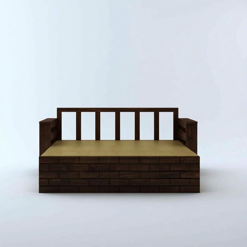 Image of Amazon Brand - Solimo Sheesham Wood Italian 3 Seater Sofa Cum Bed with Drawer and Side Pocket Storage | Wooden Bed with Cushion | Multipurpose Sofa Furniture for Home & Living Room (Walnut Finish)