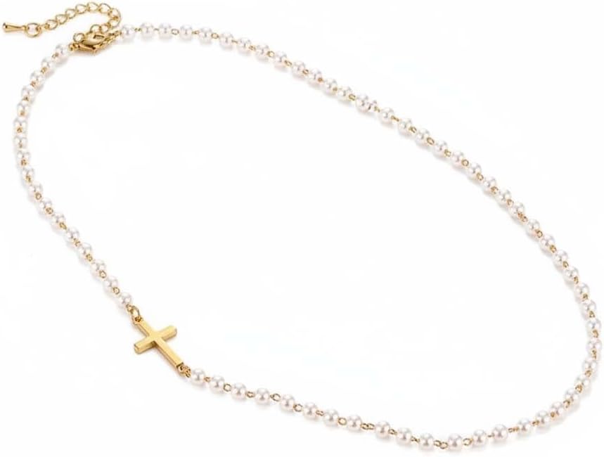 Pearl Cross Necklace for Women 14K Gold Plated Cross Pendant with Simulated Pearl Beads Sideway Cross Necklace Dainty Choker Christian Jewelry Gifts