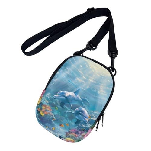 Suobstales Dolphin Fish Coral Print Messenger Bag for Women Zipper Purse Crossbody Bags with Adjustable Strap Small Shoulder Bag Casual Sling Pack Portable Mobile Phone Coin Pouch