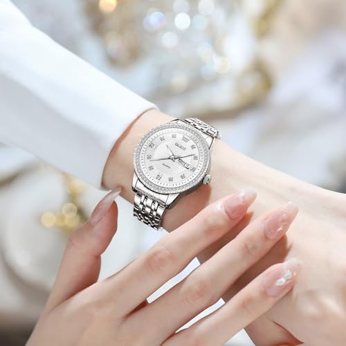 OLEVS Silver Womens Watch Stainless Steel Elegant Dress Watches for Women Water Resistant Big White Face Women's Bracelet Watches Small Wrist Luminous Ladies Diamond Watch with Day Date Easy to Read — view 3
