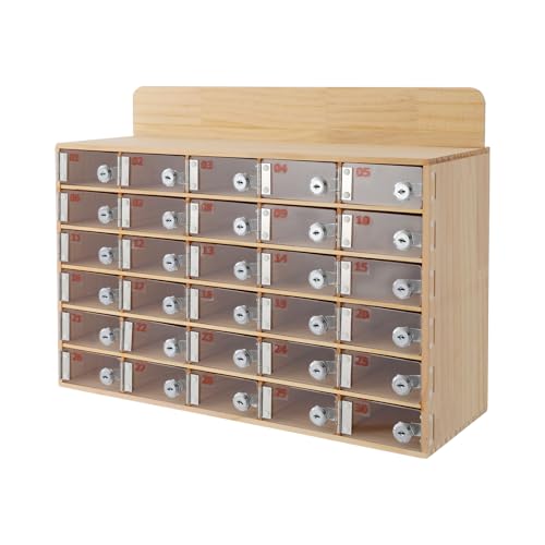 DUTTIETY 30 Slots Cell Phone Storage Box Clear Acrylic&Wood Wall-Mounted Cell Phone Lockers Storage Cabinet Bin with Door Locks and Keys for Classroom School Students Office Factory Employees