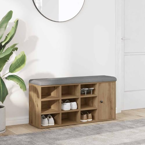 Zeiquah Zapatero de roble Artisan, 102 x 32 x 50 cm, material de madera con cojín acolchado gris claro, banco de pasillo y banco de almacenamiento para pasillo, pasillo, salón