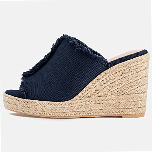 Image of Juliet Holy Womens Wedge Sandals Peep Toe Denim Slip On Backless Espadrilles Platform Sandal Shoes