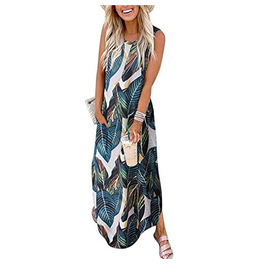 Women's Summer Maxi Dress Casual Loose Beach Long Tank Dress Split with Pockets A19shuye-L