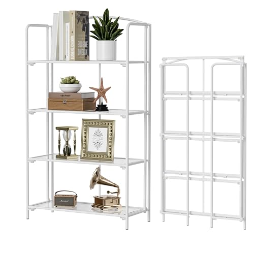 Crofy folding 4-tier bookshelf, white, no-assembly