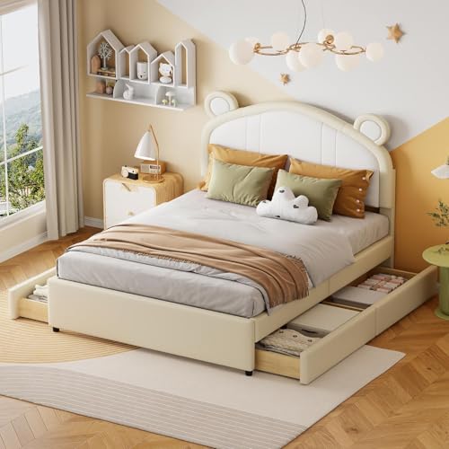 PUGSDRLY Lit Double avec 4 Tiroirs de Rangement,Lit Enfant,Sommier 140x200cm Lit,Lit Coffre avec des Formes d'oreilles Mignonnes,Tissu Similicuir,sans Matelas,Beige