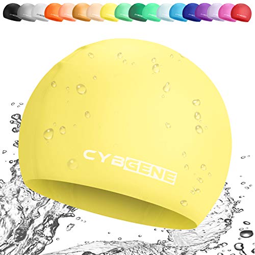 CybGene Gorro Piscina, Gorro Natación Mujer y Hombre, Gorro de Baño Silicona, Gorros de Piscina Impermeables Infantil y Adultos-Amarillo-Talla Adulto (L)