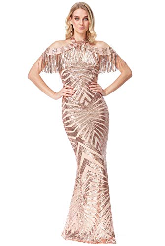 Goddiva Fringe Collar Sequin Maxi Dress Champagne