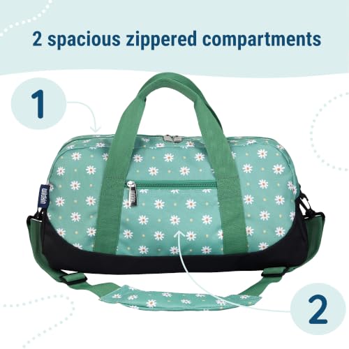 Image of Wildkin Overnighter Duffel Bag for Kids, Daisy | 18 x 9 x 9 in travel duffel with roomy main compartment, exterior zip pocket and removable padded shoulder strap.