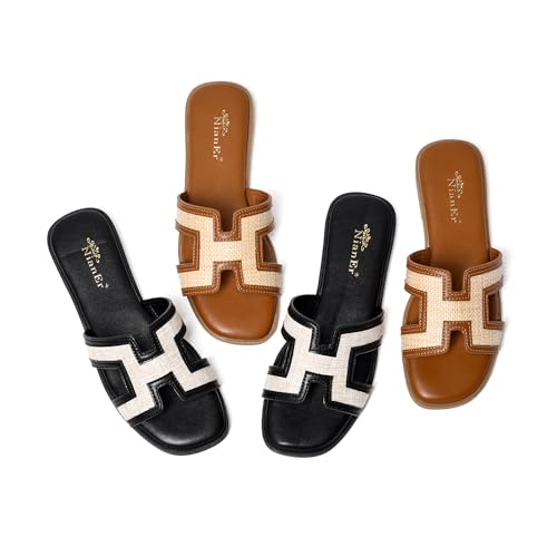 Image of NianEr Womens Microfiber Leather Memory Foam H Sandals Summer Shoes Slides | Flat, Comfortable, Slip On, Dressy, Dress, Beach, Vacation, Designer, Comfy, Casual, Bridal, Church, Boho, Office, Work