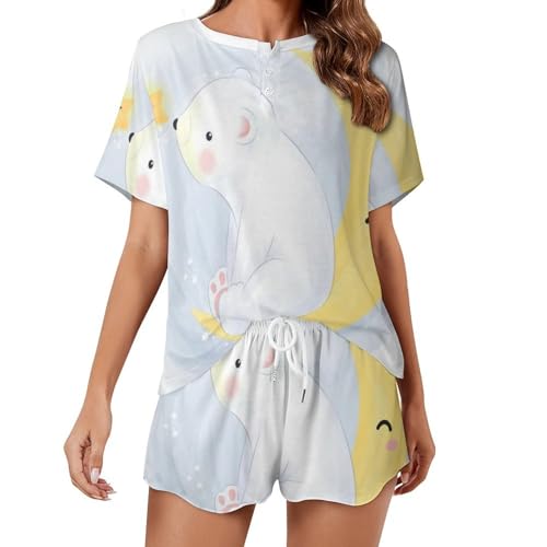 Pyjama femme manches courtes vêtement de nuit été imprimé ours mignon