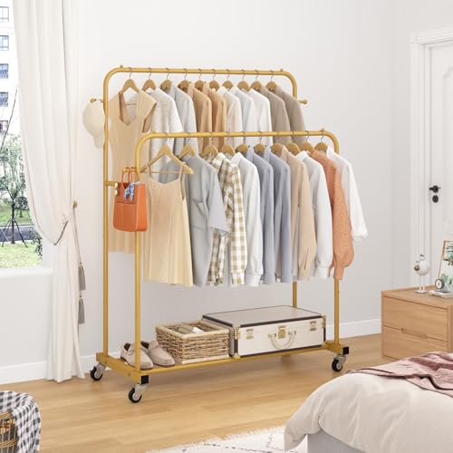 image for Laiensia Double Rods Garment Rack with Wheels, Clothing Rack for Hangi