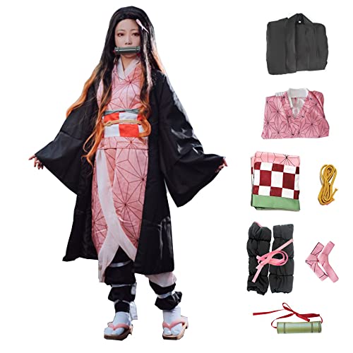 Women Kimetsu no Yaiba Anime Kimono Kamado Nezuko Cosplay Costume Outfits Dress With Bamboo Hallowee