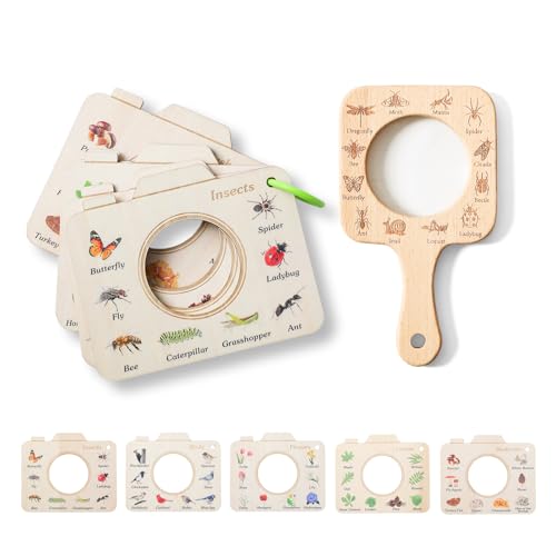 Magnifying Glass for Kids Wooden Montessori Educational Explore Toy Magnifying Glasses and Wood Bug Cards for Outdoor Adventure Birthday Gift for Boys Girls Ages 3+