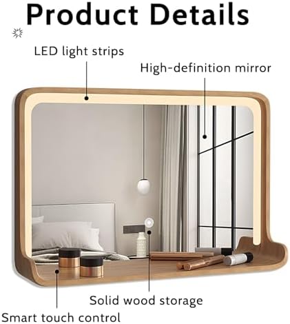Square Bathroom Vanity Mirror with Shelf, Dimmable LED Lighted Rectangle Mirrors, Wall-Mounted Makeup Mirror Above Sink with Wooden Frame(Natural,60 * 40cm)