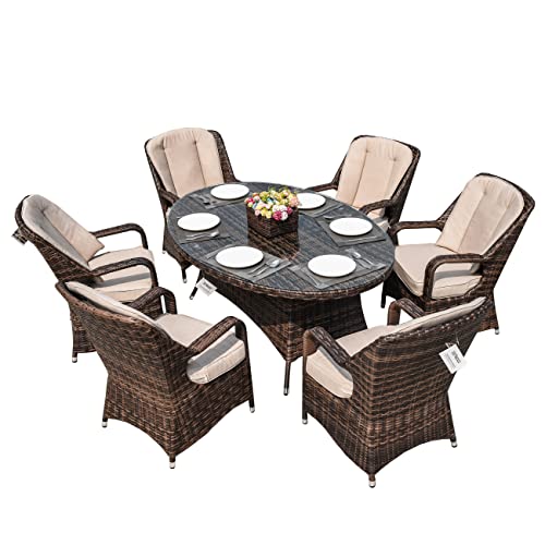 Abrihome® 7 Piece 6 Seat Outdoor Garden PE Rattan Oval Dining Table and Chairs Set (Brown)