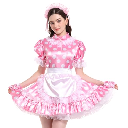 Sissy Maid - Vestido cruzado de encaje de satén con estampado de lunares franceses para mujer, rosa, M