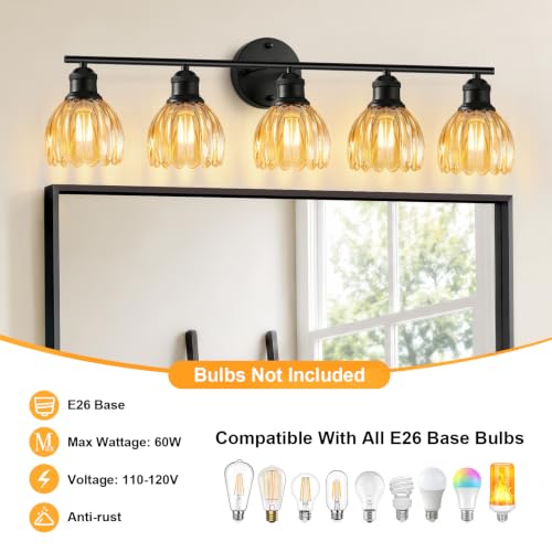 Image of Bathroom Light Fixtures, 5-Light Brushed Black Vanity Lights for Bathroom with Amber Tulip Glass Shade, 30 inch Vintage Bathroom Vanity Lighting Fixtures Over Mirror for Bedroom Living Room Hallway