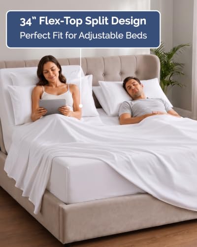Image of CGK Unlimited Extra Deep Flex Top Split Head King Sheet Set - 6 Piece Breathable and Cooling Sheets - Hotel Luxury Bedding for Women, Men, Kids & Teens - Easy Secure Fit - Extra Deep Pockets - White
