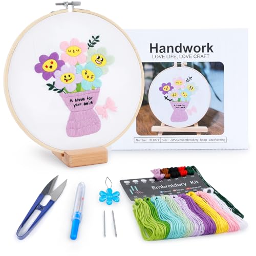 Image of BERYA Embroidery Kit for Adult Beginners, Funny Flower Embroidery Kit with Step-by-Step Instructions & Video, Printed Cloth, 7.87 inch Hoop, Display Stand, Color Threads and Tools for Craft Lover(BEF021)