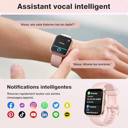 Montre Connectée Femme pour Samsung,iPhone,Android,1.8" HD Smartwatch avec Appel Bluetooth,Voix de l'IA,Alexa intégrée,Smart Watch Moniteur de SpO2,Sommeil,Podometre,Calories, IP68 Montre Intelligente