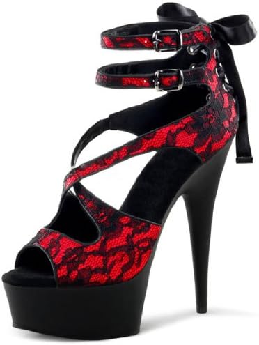 Black Lace and Red Satin Heels with Corset Lacing on Back and 6 Inch Heels Size: 7