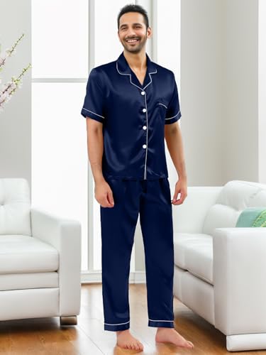 IFFEI Men's Silk Pajamas 2 Piece Short Sleeve Button Down Top and Pants Matching Pj's Set with Pockets3