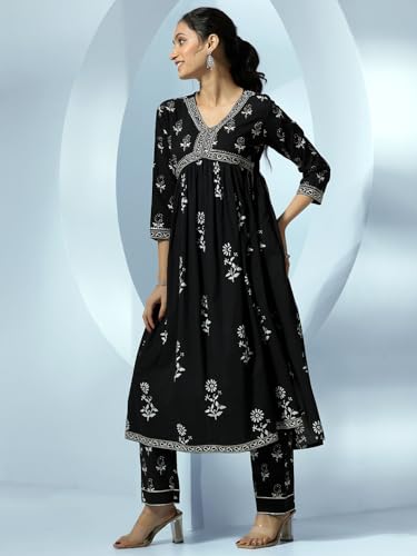 Image of Libas Womens Printed Cotton A-Line Kurta With Salwar
