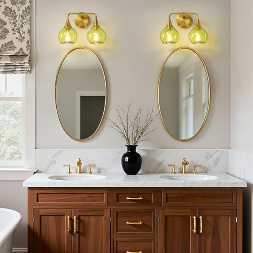 Image of Brushed Gold Bathroom Vanity Light 2-Lights Bathroom Light Fixtures Over Mirror with Green Clear Glass Shade 14 inch Wall Sconce Lighting Bath(Exclude E26 Bulb)