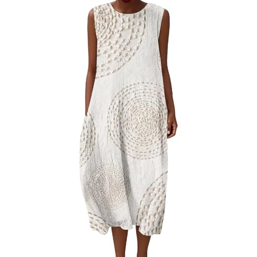 Vestido Largo sin Mangas Mujer de Lino y Algodón, Estilo Boho Chic Estampado Floral con Bolsillos, Vestido Verano 2026 Fresco y Suelto para Playa o Vacaciones, Tallas Grandes Casual Elegante