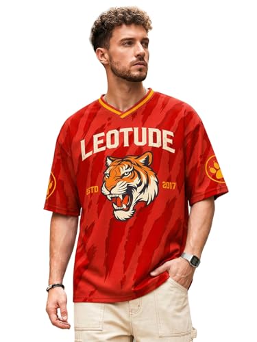 Image of LEOTUDE Men's Tiger Graphic Printed Oversized T-Shirt | Bold Black Sports Jersey Style Tee | Half Sleeve Casual Streetwear for Men's (Color:Black)