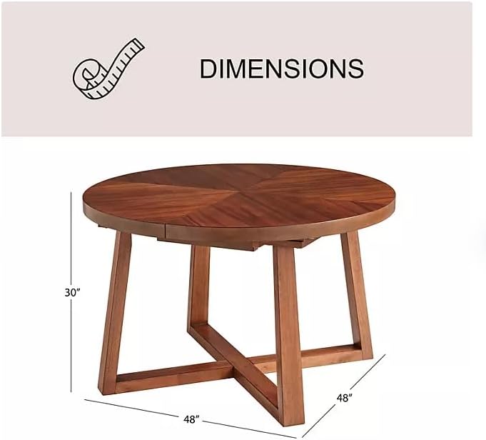 Dimensions of the dining table in its compact, round form, showing 48 inches width and depth, and 30 inches height