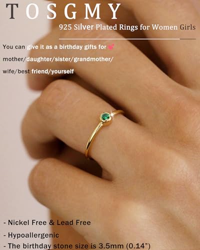 Birthstone Rings for Women Non Tarnish 14K Gold Plated Sterling Silver Stackable Birthday Gifts for Mom Dainty Emerald Green Blue CZ Gemstone Ring for Mothers Daughter Bridesmaid Gifts Jewelry2
