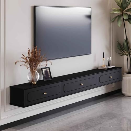 Meuble TV moderne noir de 180 cm avec tiroirs et portes rabattables pour salon contemporain