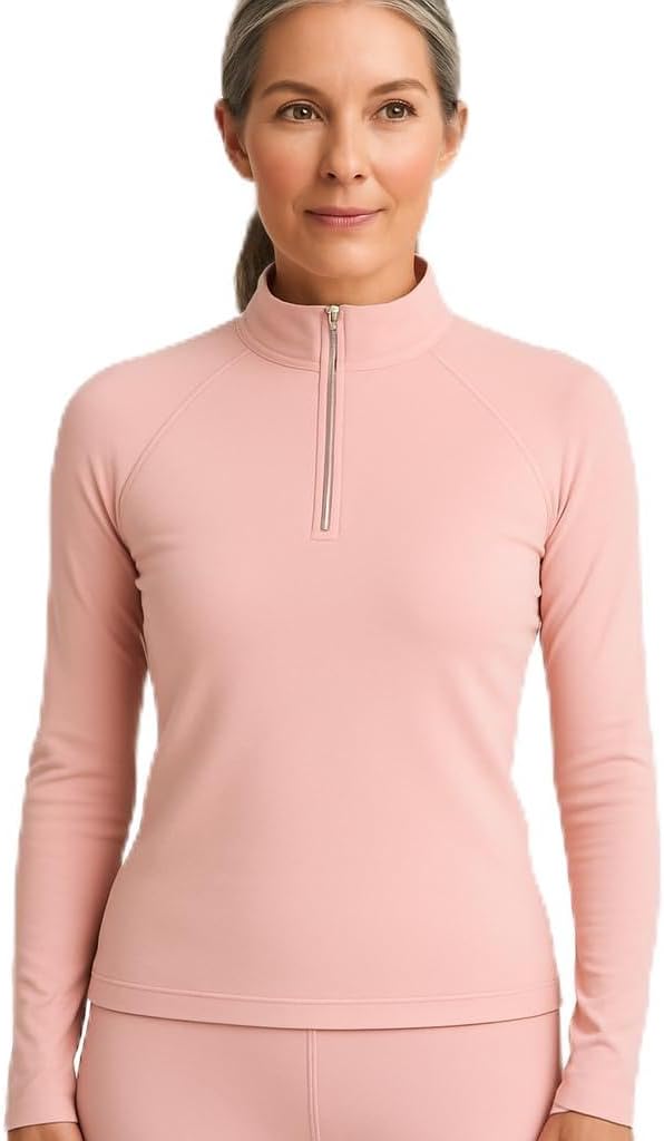 Lands' End Women’s Thermaskin Baselayer 1/4 Zip Top – Long Sleeve Lightweight Heat-Generating Thermal Shirt