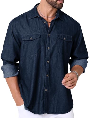 LUIGRAD Mens Denim Shirts Long Sleeve Lightweight Denim Button Up Shirts with Two Pockets (Deep Navy,2XL)