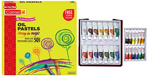 Image of Camel Oil Pastel (50 Shades) Artist Water Colours Set 5ml x 12 shades & Camlin Kokuyo Artist 40ml Acrylic Color Shade - 12 Shades