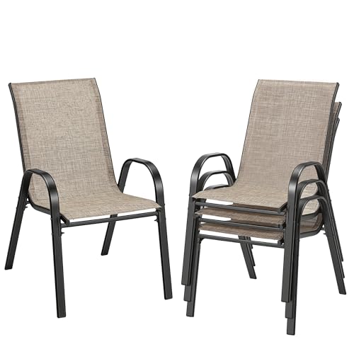 HOMREST Patio Chairs Set of 4,Outdoor Dining Chairs with Armrests,Backyard Stackable Chairs with Breathable Fabric & Metal Frame for All Weather,Brown
