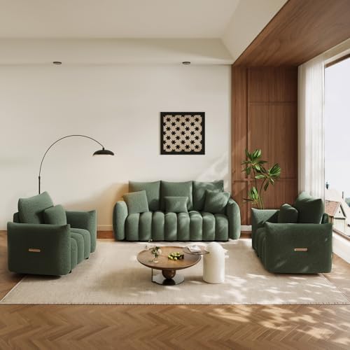 Image of OUYESSIR 2 Pieces Boucle Sofa for Living Room, Modern Deep Seat Loveseat & 3-Seater Couch, Oversized Cloud Sofa Couch Set, Comfy Upholstered Teddy Living Room Furniture, Green