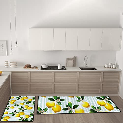 Küchenteppiche Set 2-teiliges rutschfest Waschbare Frucht-Zitronen-Streifen Küchenfußmatten für Flur küche Wohnzimmer Badezimmer Anti-Müdigkeit Teppich läufer (45x74cm + 45x148cm) Cover