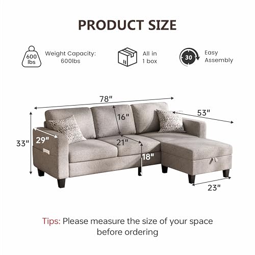 Sectional Sofa and Couches for Living Room, 78'' Brown 3 Seat L-Shaped Couch with Movable Ottoman, Comfy Linen Convertible Sectionals Sofas with Chaise for Apartment, Office, Small Space - Image 3