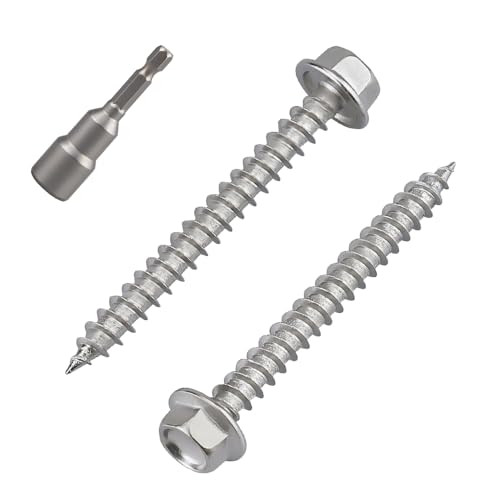 #12 x 2-1/2" Tornillos de cabeza hexagonal con brida para madera de tablero de fibra, acero inoxidable grado 410, resistente al óxido, paquete de 25, incluye punta hexagonal