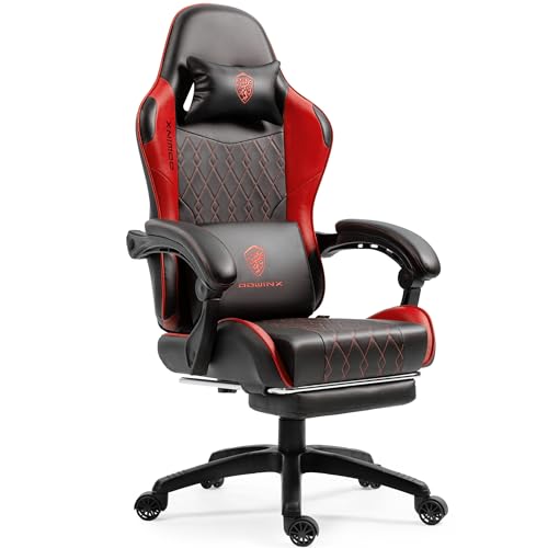 Dowinx Gaming Chair with Massage Lumbar Support and Footrest, Gaming Chairs for Adults, Ergonomic Computer Chair High Back with Pocket Spring Cushion, Swivel Recliner with Headrest, Black and Red