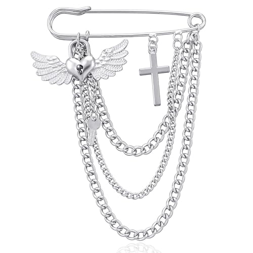 Punk Gold Silver Star/Moon/Bear/Rose Tassel Chain Brooch,Vintage Crystal Moon Star Brooch Lapel Pins Cubic Zirconia Sweater Shawl Clips Collar Brooch for Women (A)